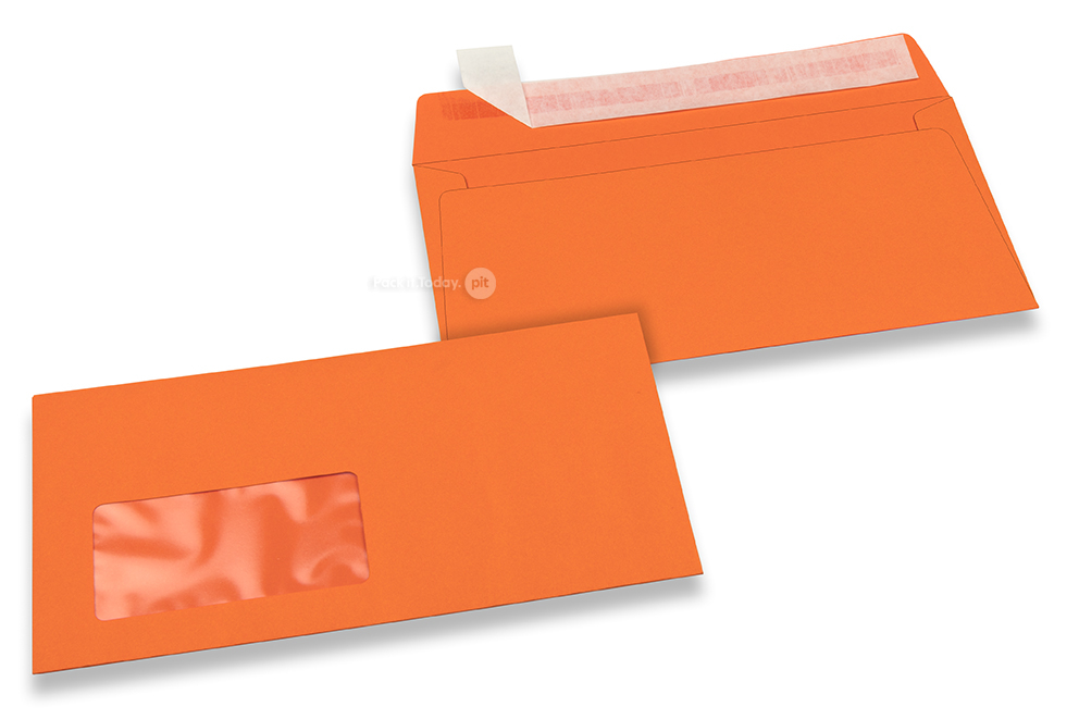 Orangea, färgade fönsterkuvert - 110 x 220 mm, fönsterstorlek 45 x 90 mm, fönsterposition 20 mm från vänster, 15 mm från botten