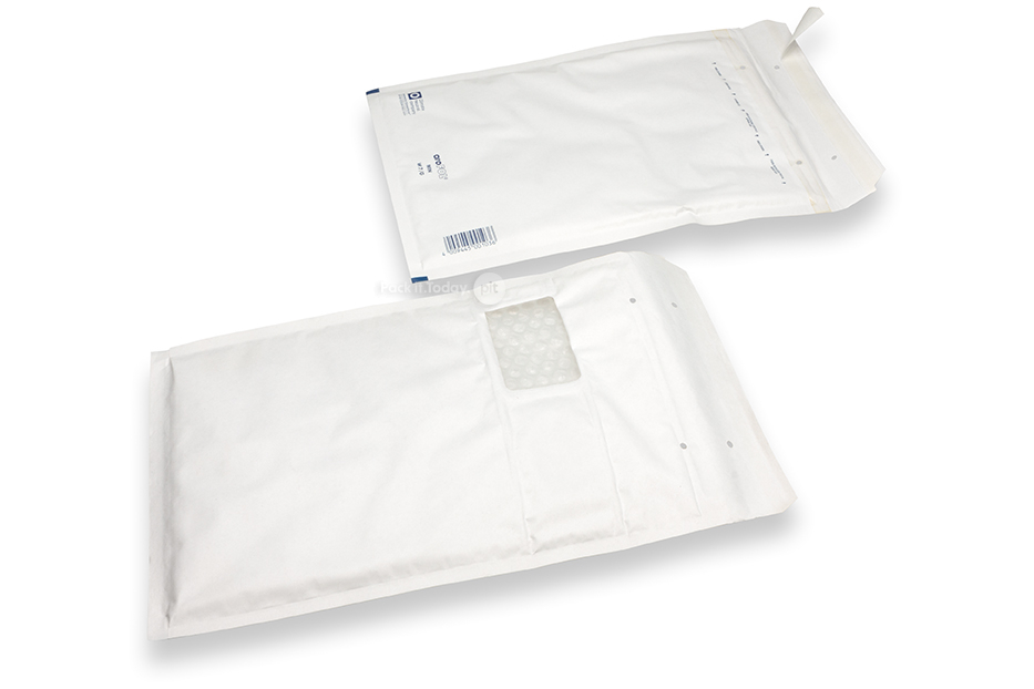 Vita bubbelpåsar med fönster - 225 x 340 mm, fönster till vänster 55 x 90 mm, fönstrets placering är 15 mm från vänster och 70 mm från toppen