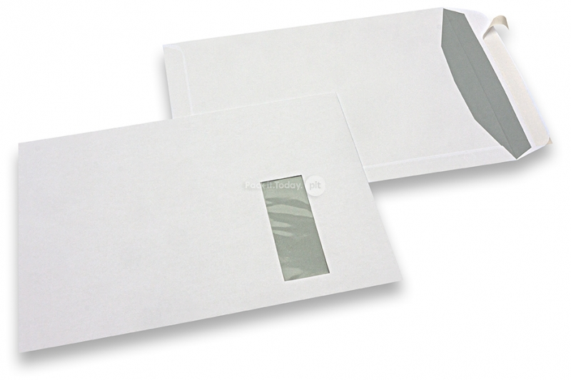 Fönsterkuvert, vita, 229 x 324 mm (C4), fönster till höger 40 x 110 mm, fönstrets placering är 20 mm från höger och 60 mm från toppen, 120 gram, stängning med förseglingsremsa, vikt vardera ca. 20 g.