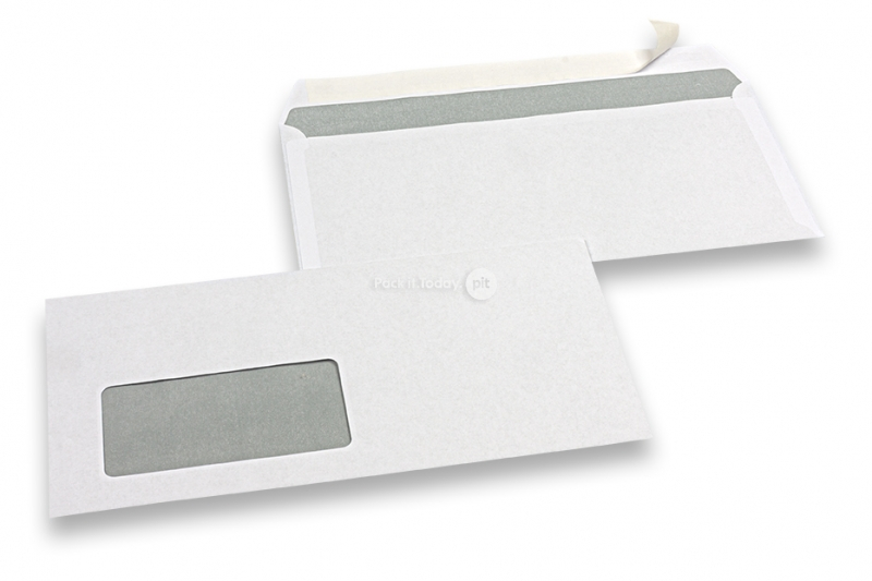 Standard fönsterkuvert, 110 x 220 mm, 80 grs., fönster vänster 45 x 90 mm, fönstrets placering är 20 mm från vänster och 15 mm från botten, förseglingsremsa