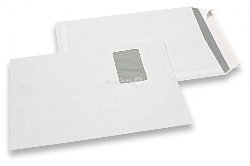 Standard fönsterkuvert, 229 x 324 mm, 100 grs., fönster vänster 55 x 90 mm, fönstrets placering är 20 mm från vänster och 60 mm från toppen, förseglingsremsa