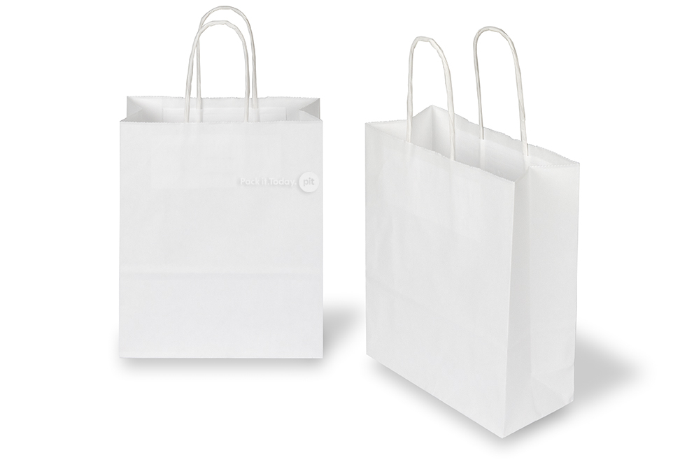 Papperspåsar med snurrade handtag - vita, 180 x 80 x 220 mm, 90 gr