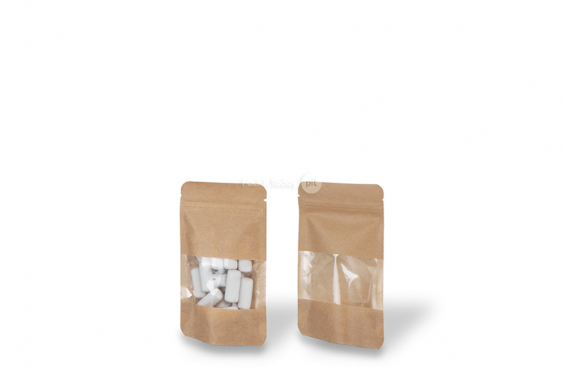 Zippåsar av kraftpapper med fönster - brun, 85 x 145 x 50 mm, 100 ml