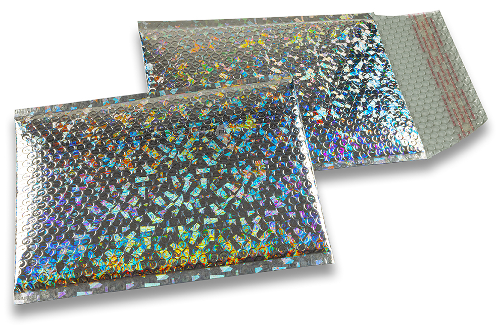 Eko bubbelpåsar i metalliska färger - silverfärgad holografisk 180 x 250 mm