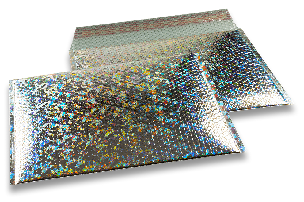 Eko bubbelpåsar i metalliska färger - silverfärgad holografisk 235 x 325 mm