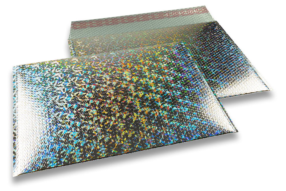 Eko bubbelpåsar i metalliska färger - silverfärgad holografisk 320 x 425 mm