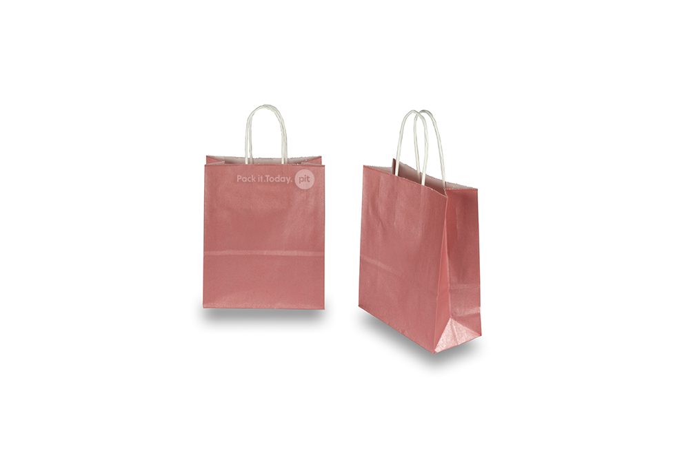 Papperspåsar med snurrade handtag - rosa metallisk, 180 x 80 x 220 mm, 90 gr