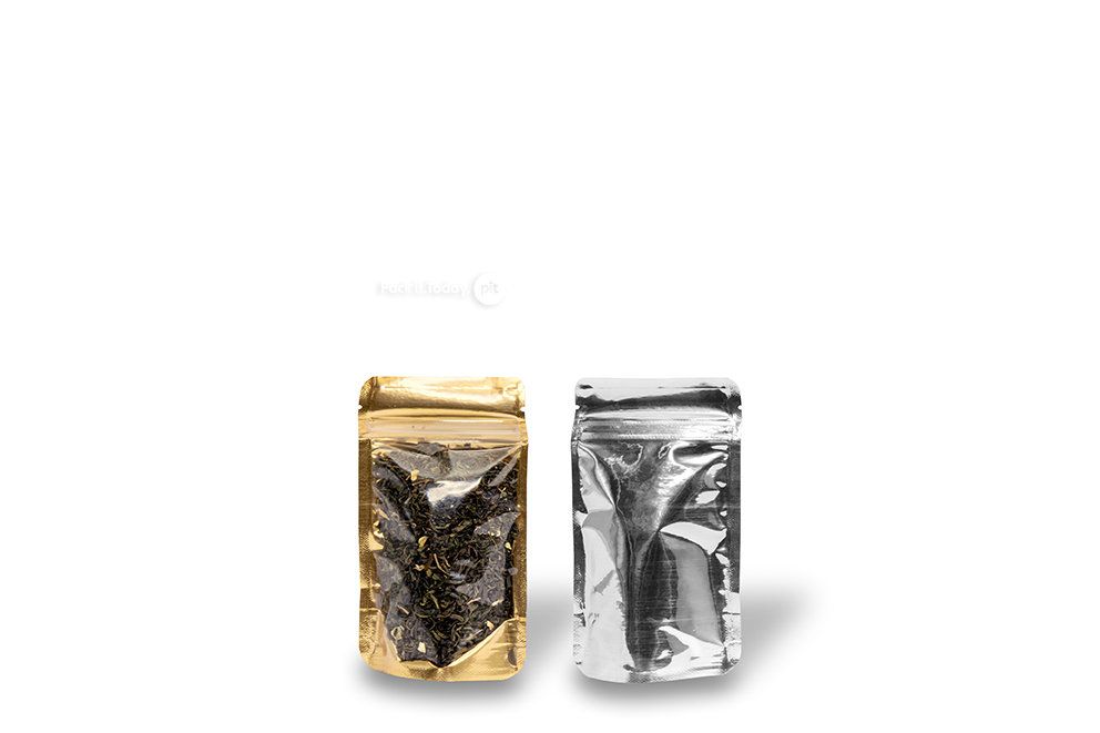 Ståpåsar metalliska transparenta - guldfärgad metallisk, 85 x 145 x 50 mm - 100 ml